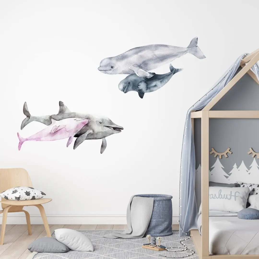 Watercolour Animals Wall Decal Sticker Dolphin & Beluga Whale Wall Stickers for Kids Rooms Sea Animals Home Decoration