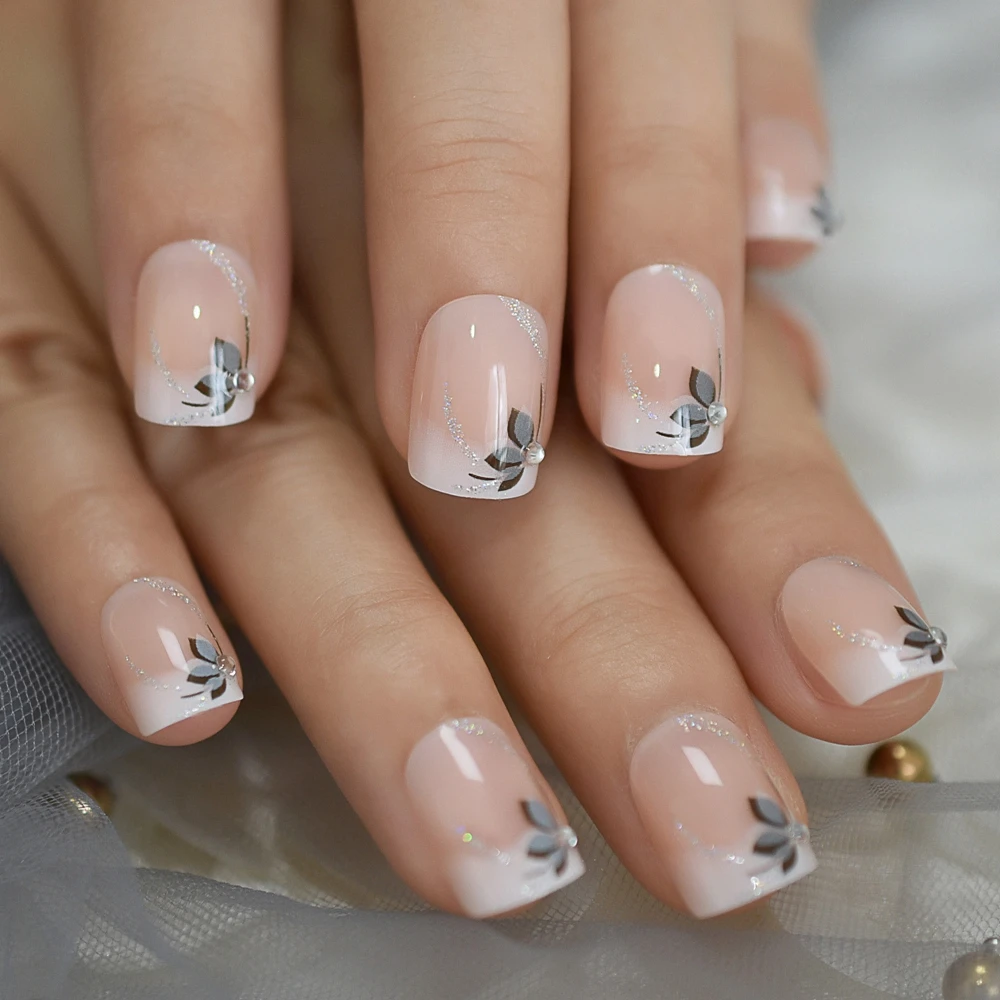 Short Flower Classic Press On Acrylic Nails Square Natural Designed Finger Nails Short Daily Office Blingbling Fake Nails