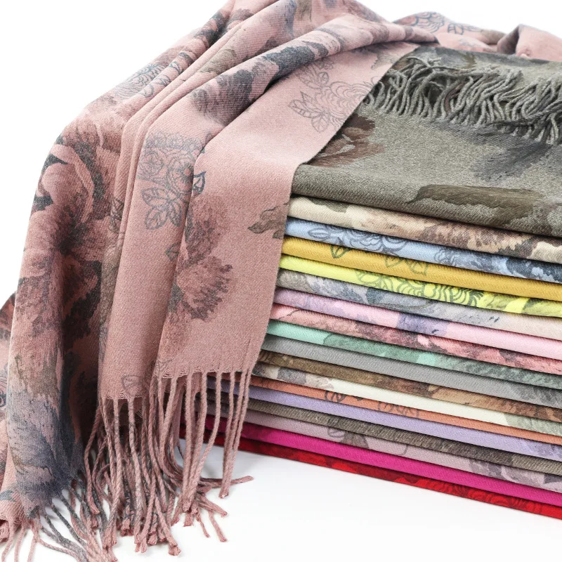 Bufanda de Cachemira de marca de lujo para mujer, chales cálidos estampados de invierno, bufandas de borla de Pashmina, manta larga gruesa, Fular femenino