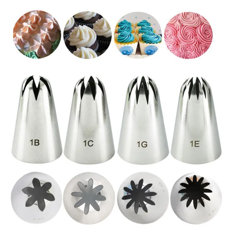 4pcs Large Icing Piping Nozzles For Decorating Cake Baking Cookie Cupcake Piping Nozzle Stainless Steel Pastry Tips #1B#1C#1E#1G