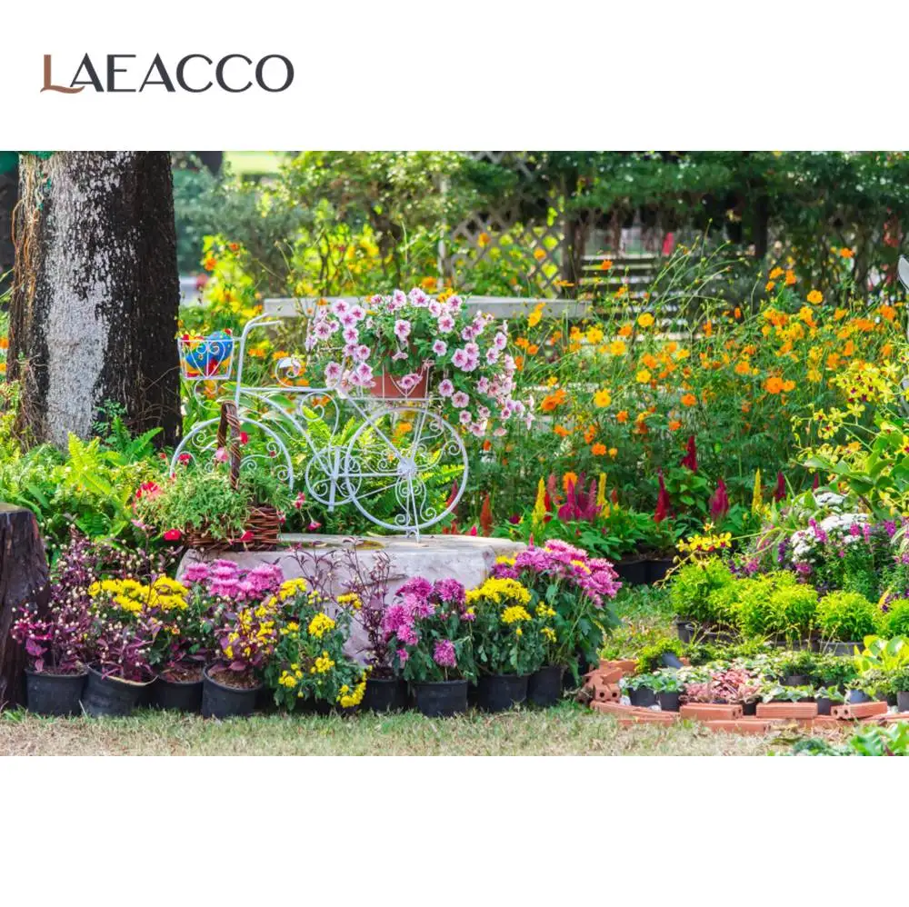 Laeacco Spring Park Garden Blooms Flowers Potted Grass Farm Photography Background Photo Backdrop Photocall For Photo Studio