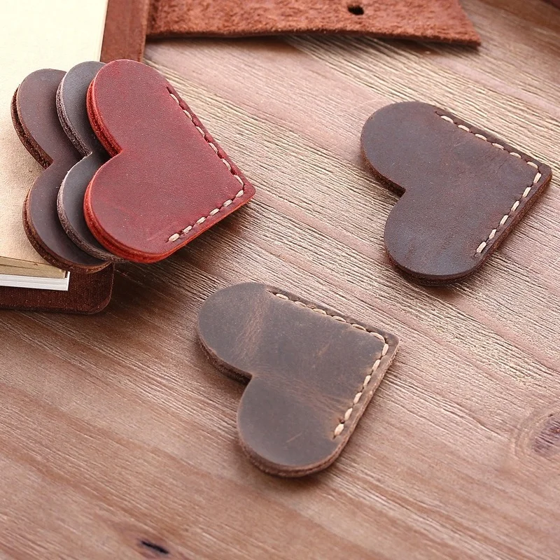 Retro Leather Bookmarks First Layer Cowhide Hand Stitched Heart Shaped Creative Stationery Bookmarks High Quality Teacher Gifts