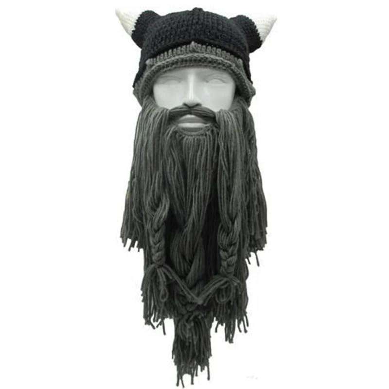 2019 Halloween Cosplay Men Knitted Viking Beard Horn Hat Ski Mask Cap Barbarian Vagabond Cap Cool Warm Unisex for Winter Hat