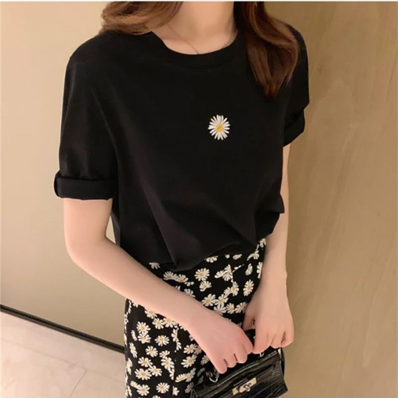 Summer Fashion Daisy T-shirt Dress Set Korean Graceful Women Sleeve Skirt Suit 2023 New Girls Date Clothing Sets Lady Black Tops