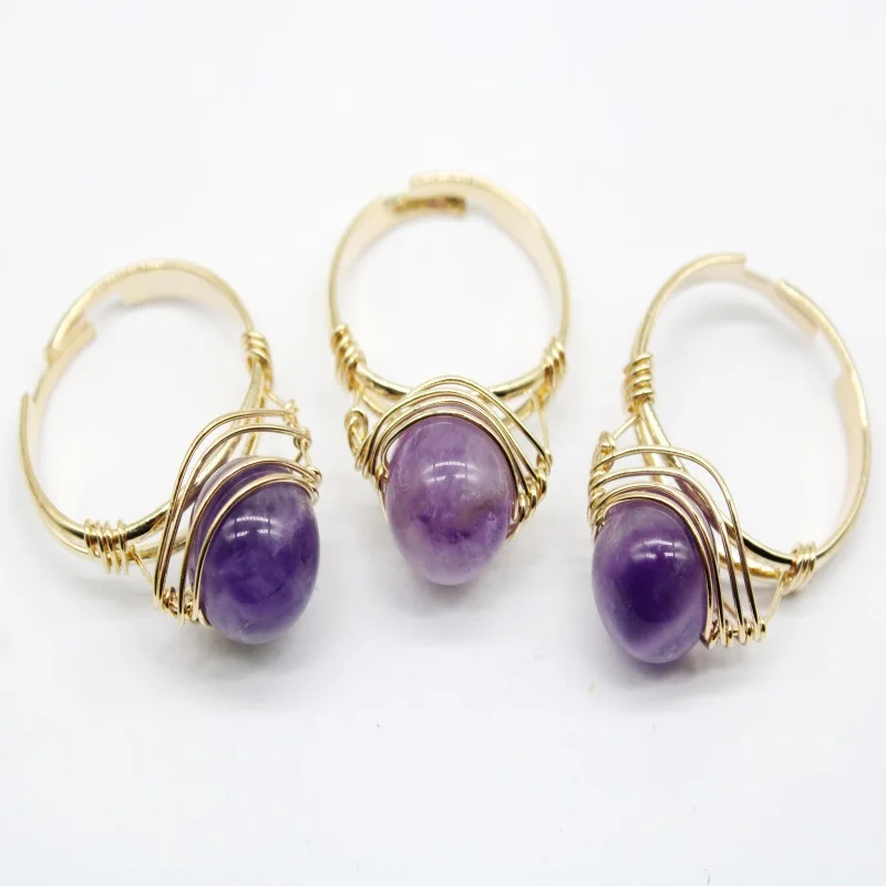 Wholesale 1pcs Hand Craft Wire Wrapped Stone Circle Finger Rings Reiki Healing Natural Amethysts Rings Party Wedding Jewelry