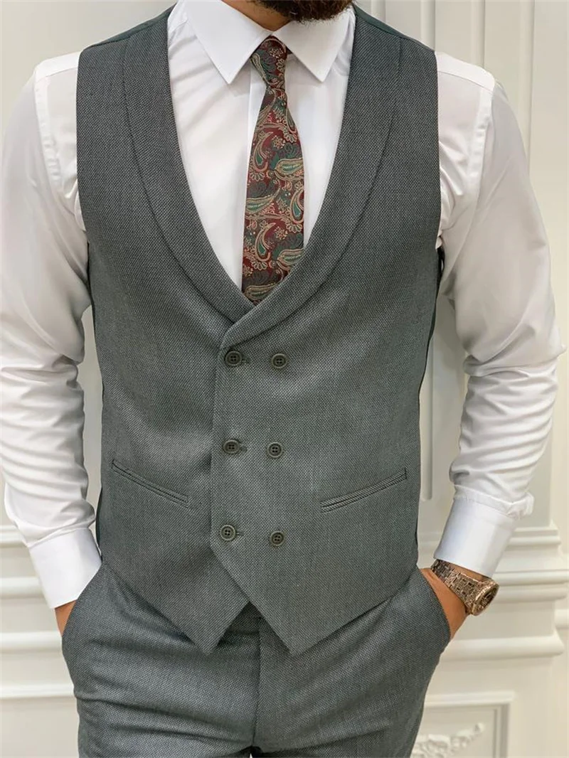 (Jacket+Pants+Vest) Classic Grey Men Suit 3 Piece Groom Tuexdos For Wedding Formal Prom Suit Party Evening Blazer Custom Made