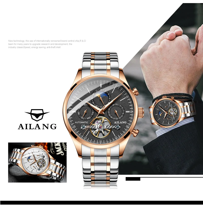 AILANG Automatic Mechanical Watches Men Waterproof Moon Phase Business Male Tourbillon Watch Stainless Steel Relogios Masculinos