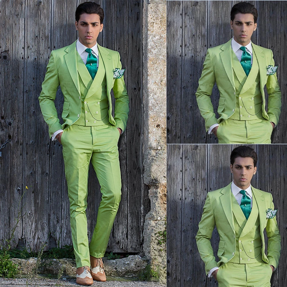 Trajes verdes para hombre, abrigo de tres piezas, pantalones hechos a medida, traje de solapa con visera, traje colorido