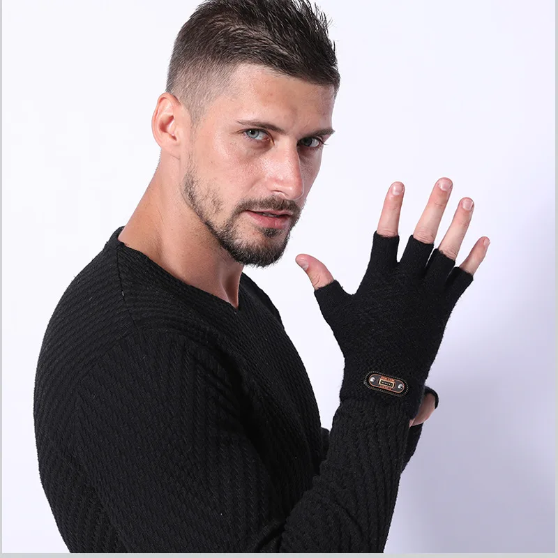 Fashion Winter Acrylic Wool Plus Plush Thick Jacquard Knit Warm Half Finger Mittens Men Full Finger Touch Screen Gloves C2