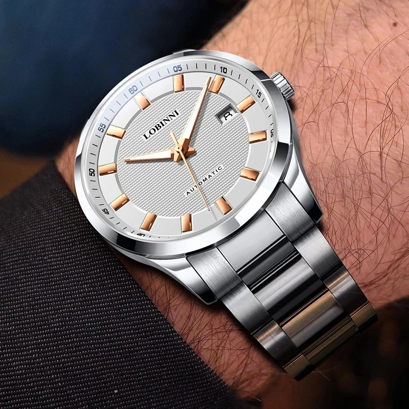 LOBINNI Orologi meccanici automatici classici in acciaio inossidabile delle migliori marche Orologi impermeabili analogici con quadrante bianco ultra sottile da uomo