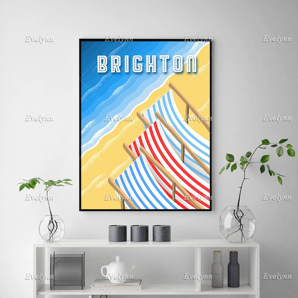 Brighton Beach Poster, Vintage Seaside Travel Poster,Wall Art Prints Home Decor Canvas Unique Gift Unique Gift Floating Frame