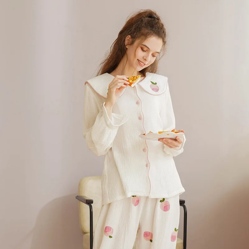 

Autumn Pajamas Women's Casual Lace Thin Cotton Pijamas Long-Sleeved Peach Embroidered Bow Sleepwear White 2 Piece Women Wear