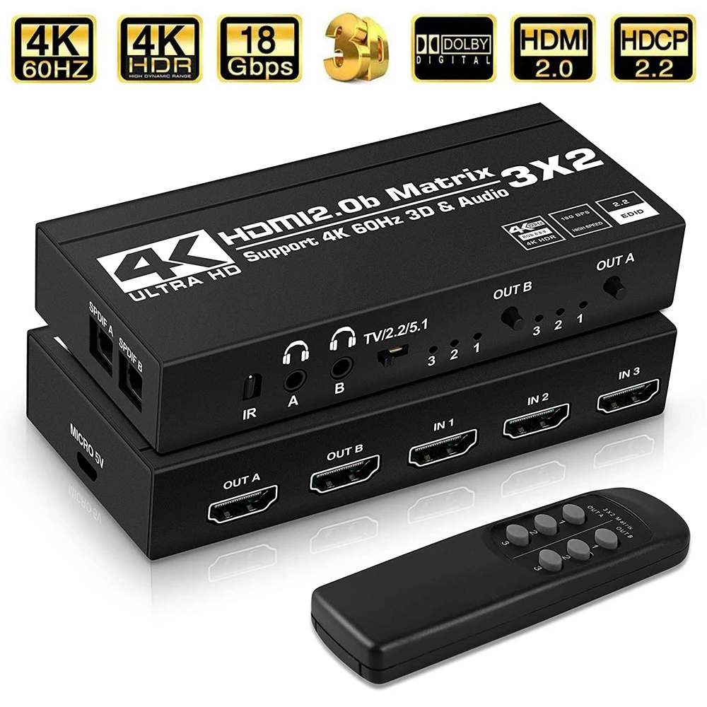 

2024 3x2 Matrix Switch Splitter with SPDIF and L/R 3.5mm HDR HDMI-compatible Switch 4x2 Support HDCP 2.2 ARC 3D 4K@60Hz for PS5