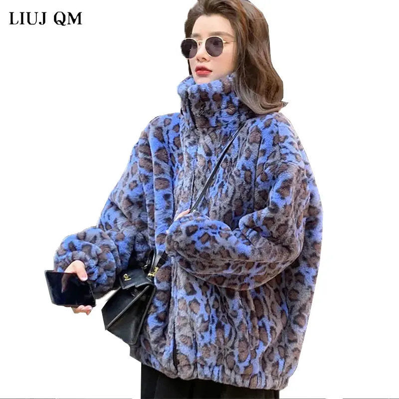 Winter Oversized Colorful Leopard Print Faux Fur Coat Women Long Sleeve Zip Up Warm Soft Fluffy Jacket Korean Fashion Parka 2022