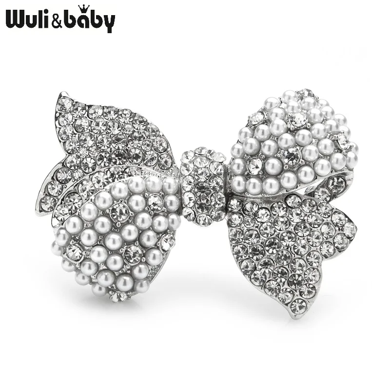 Wuli&baby Sparkling Rhinestone Pearl Bowknot Broocohes For Women Flower Weddings Party Office Brooch Pins Gifts