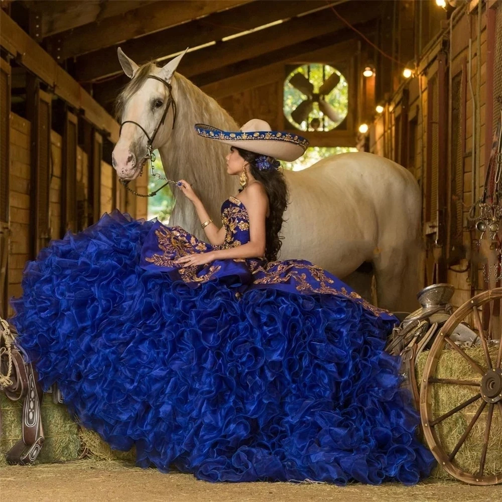 Azul real princesa quinceanera vestidos frisados rendas de ouro embrodiry rendas espartilho babados festa doce 16 vestidos vestido de 15