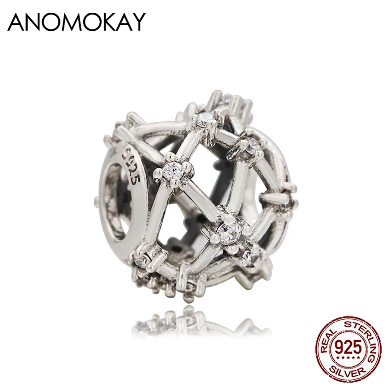 Anomokay Trendy Hollow Out Starry Sky Ball Silver Charm fit Bracelets & Bangles Real 925 Silver Round Beads with White Crystal