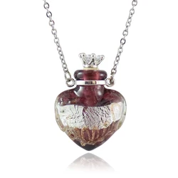 1 unidad de frascos de Perfume de cristal de Murano, collar con forma de corazón, botella difusora de aceites esenciales, collar de joyería, collar de acero inoxidable para mujer