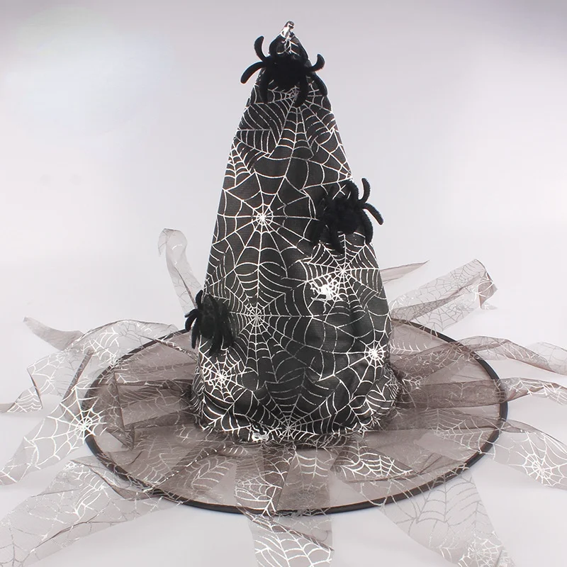 

10pcs Women Girls Boy Party Net Yarn Witch Hat with Black Spider Costume Accessory Cosplay Pointed Cap Navidad Christmas