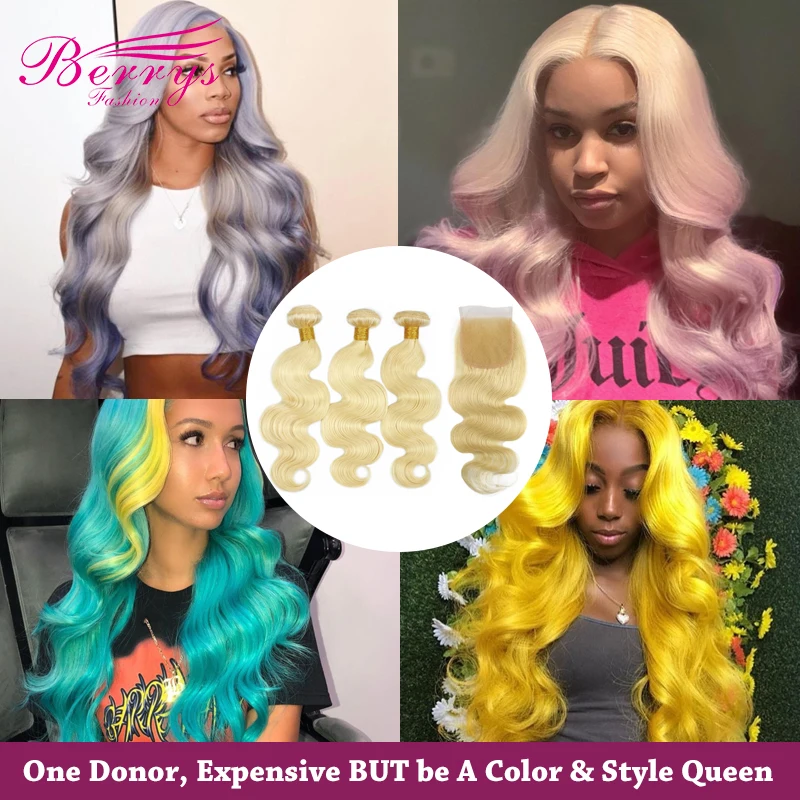 

Berrys Fashion 613 Blonde Color Brazilian Body Wave 3 Bundles with Closure 100% Human Hair Weaving Remy Hair Weft Easy to Dye