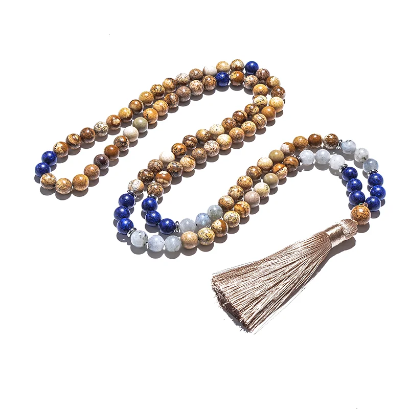 8mm Picture Jasper Lapis Lazuli Labradorite Japamala Beaded Necklace Meditation Yoga Women Jewelry 108 Mala Rosary