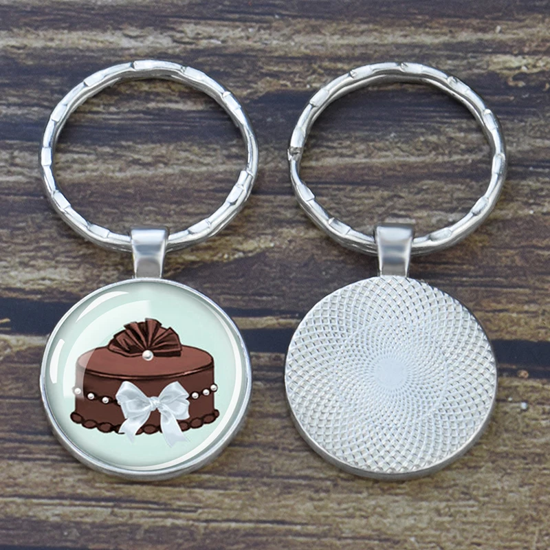 Delicious Cake Key Keychain Glass Dome Key Ring Cute Dessert Pattern Pendant Handmade Cupcake Art Jewelry Gift