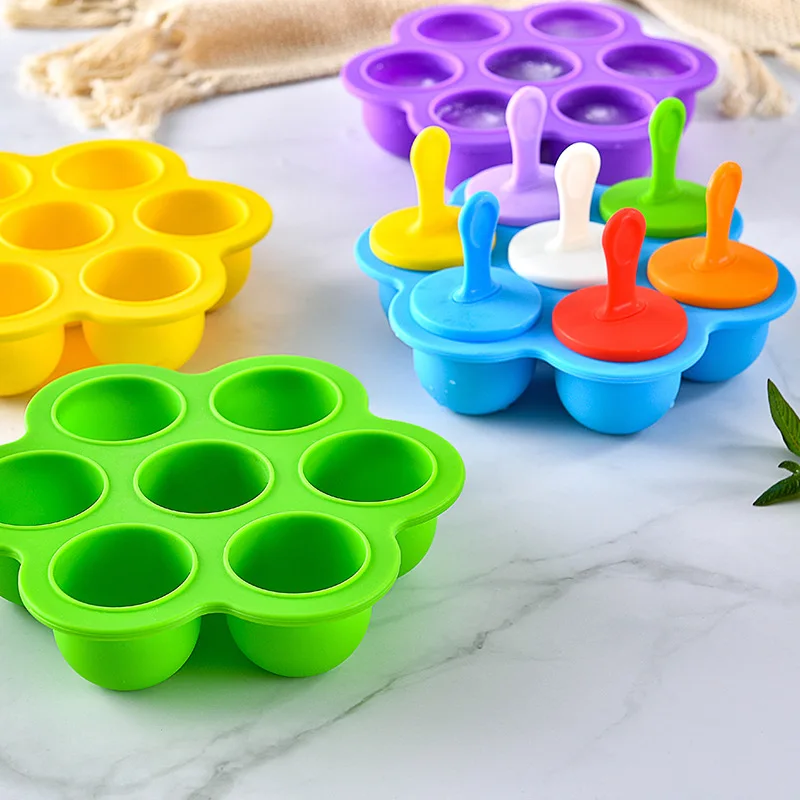 7 Holes Silicone Mini Ice Pops Mold Ice Cream Ball Lolly Maker Popsicle Molds Baby Diy Food Fruit Shake Ice Cream Mold