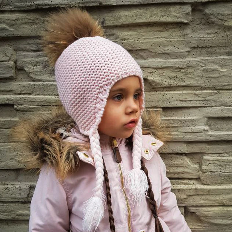 Furandom-Gorro con pompón para niño y niña, gorros de lana de punto con orejeras, gorro de ganchillo para bebé, novedad, moda de invierno