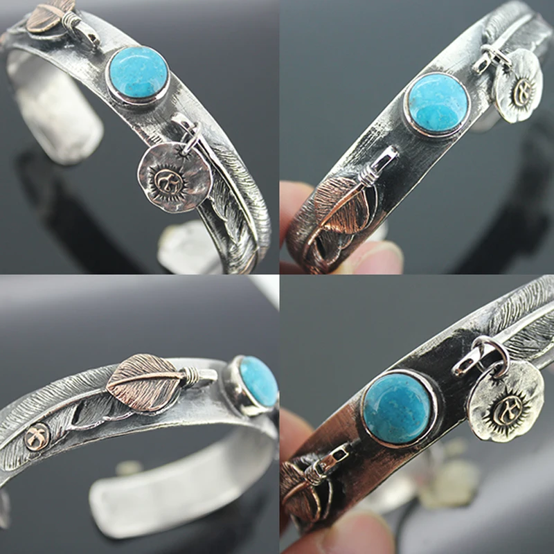 Ruibeila S925 argent sterling Takahashi Goro plume fait main turquoise hommes et femmes bracelet 13 mm de large style indien