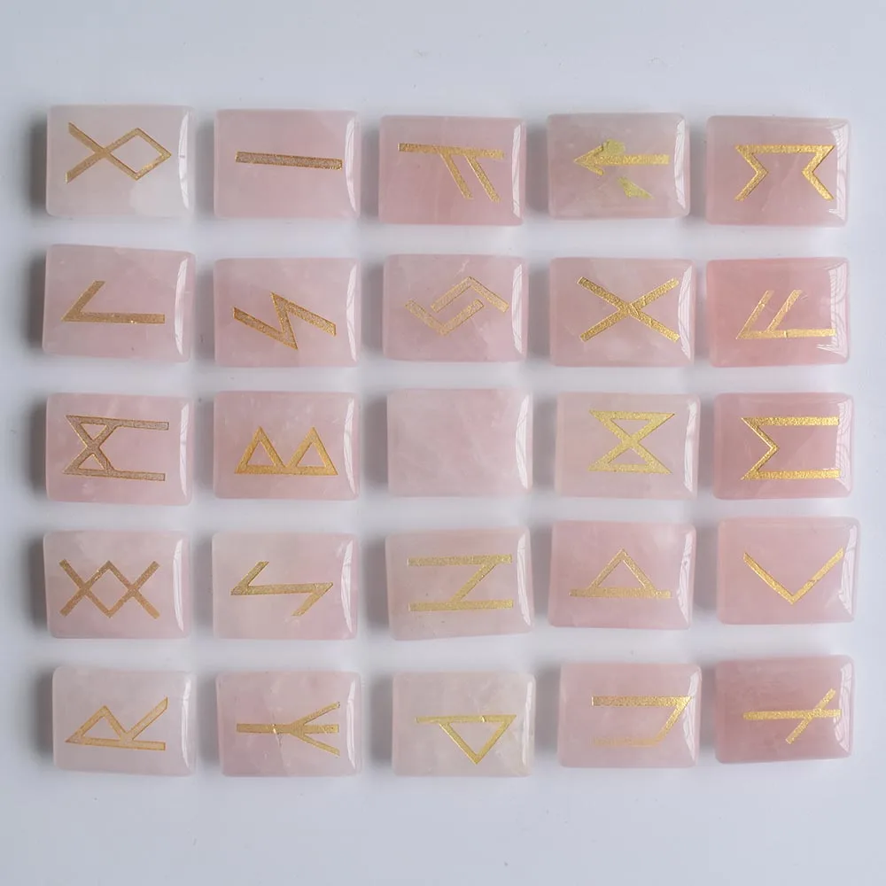 Wholesale 25pcs/lot Natural Stone pink Viking Runes Amulet Set Reiki Healing Crystals Divination Tumbled rectangle Stones free