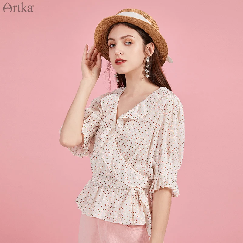 ARTKA 2020 Musim Panas Baru Wanita Blus Vintage Dot Chiffon Blus Elegan Ruffles V Leher Lengan Pendek Kemeja dengan Ikat Pinggang SA20402C