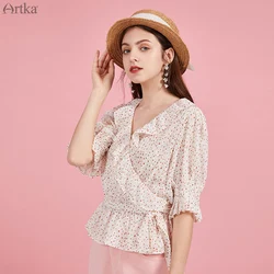 ARTKA 2020 Summer New Women Blouse Vintage Dot Chiffon Blouse Elegant Ruffles V-Neck Short Sleeve Shirt With Sashes SA20402C