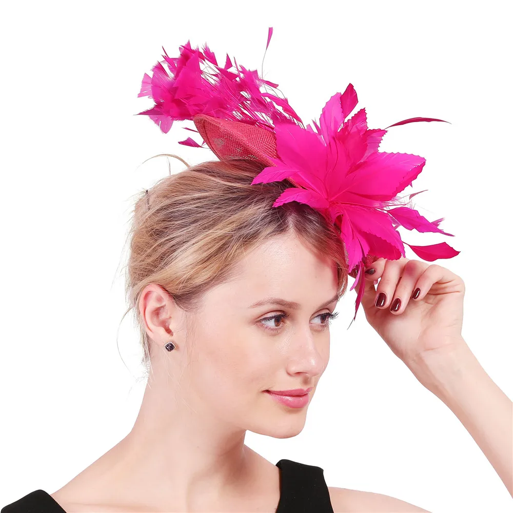 Hot Pink Cocktail Hat Flowers Imitation Sinamay Fascinators Hat Millinery With Feather For Summer Derby Wedding Party Race Event