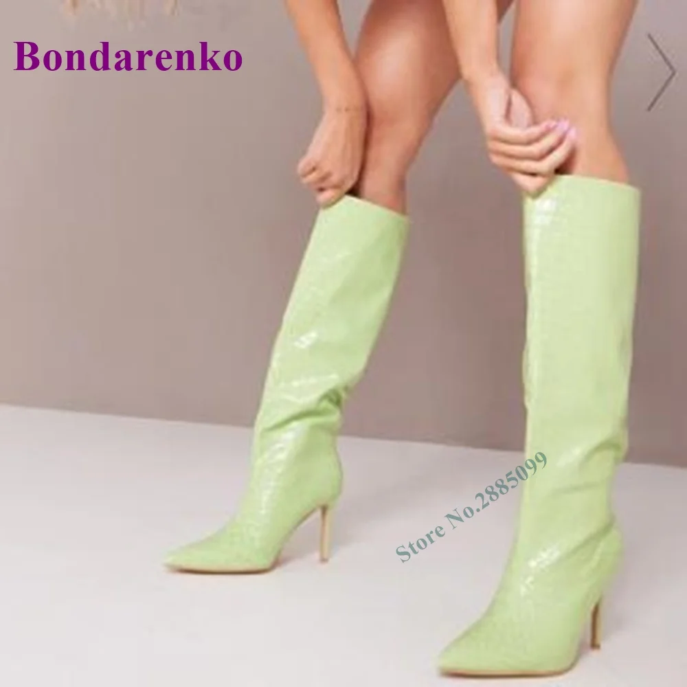 Stone Pattern Pointed Toe Boots Knee High Solid Light Green Thin High Heels Slip On Women Autume Winter Party Dress Long Boots