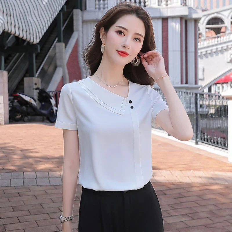 Women Spring Summer Style Chiffon Blouses Shirts Lady Casual Asymmetrical Collar Short Sleeve Chiffon Blusas Tops DF4028