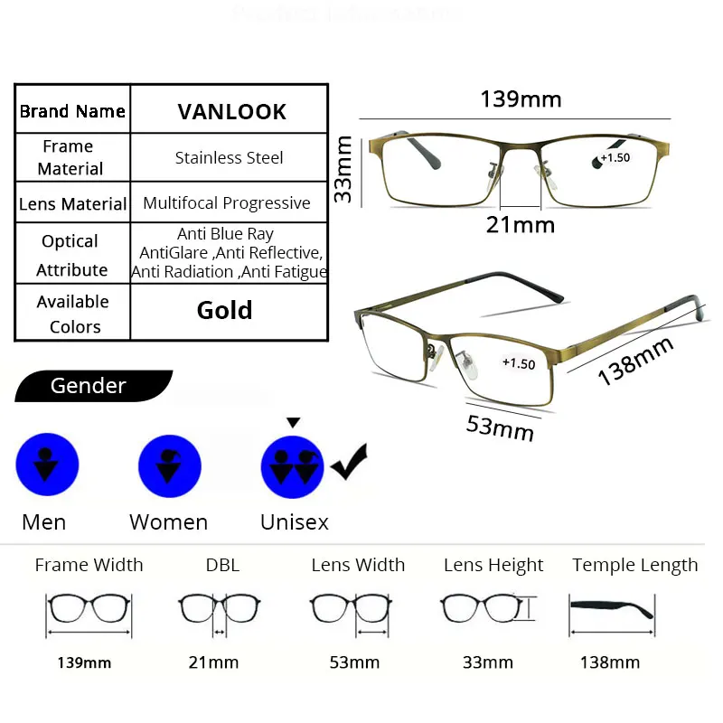 VANLOOK Progressive Multifocal Reading Glasses Computer For Men Women Sight Clear Adjustable Eyeglasses Red +1.0 1.5 2 2.5 3 3.5