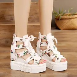 Hot Print Leisure Wedges Women's Shoes 2024 Summer Shoes Women Sandals Platform Shoelaces High Heels Casual Shoes Woman