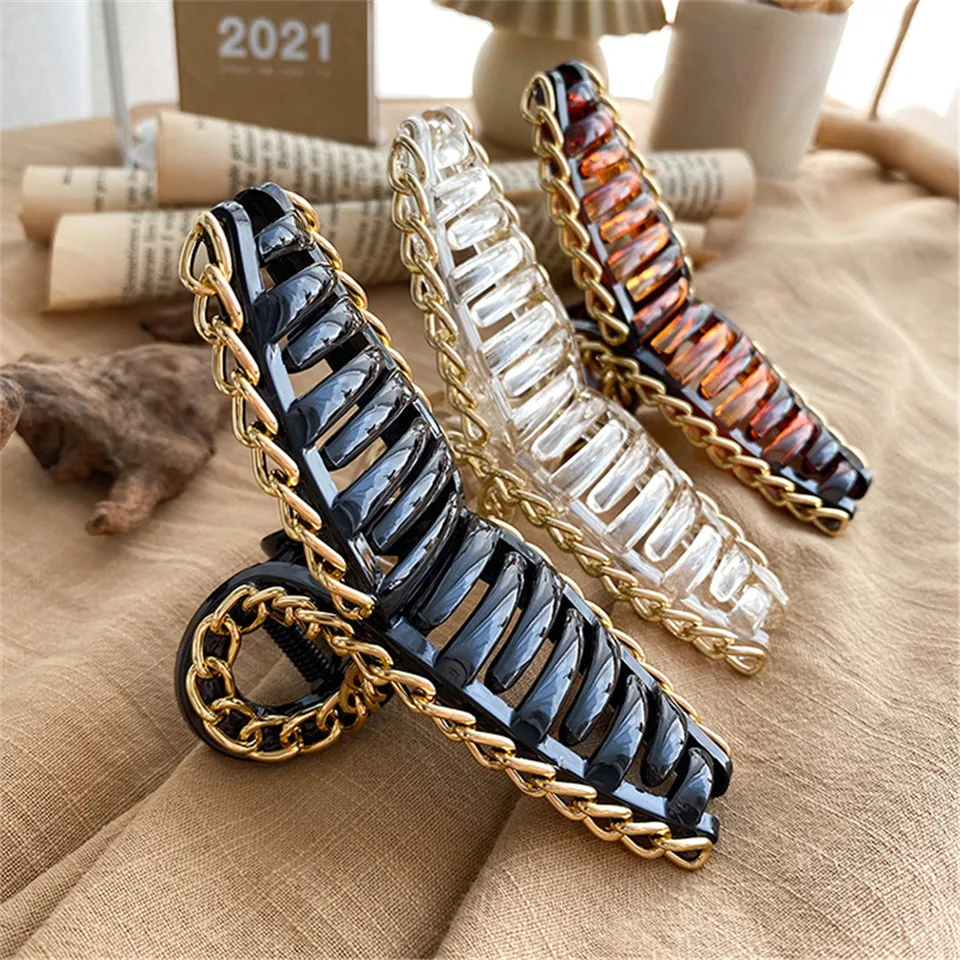 Women Plastic Hair Clips Large Size Alloy Chain Hair Claw Fashion Hairpins Elegant Ponytail Holder Clamp Barrettes Hair Ornament