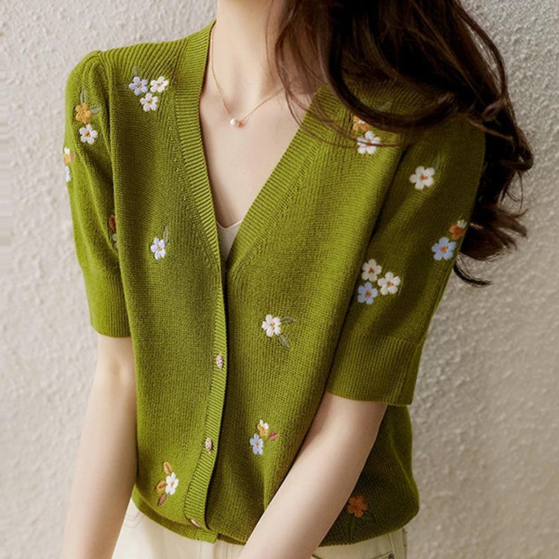 Summer Women Green Knit Cardigan Sweater Short Sleeve Flower Embroidery Knitted Sweater Blusas Mujer De Moda 2024 Cardigans E980