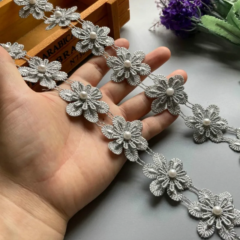 

1 yard 3.5cm Gray Pearl Flower Polyester Fabric Lace Trim Ribbon Wedding Embroidered Applique Trimmings Sewing Craft Baby Dress