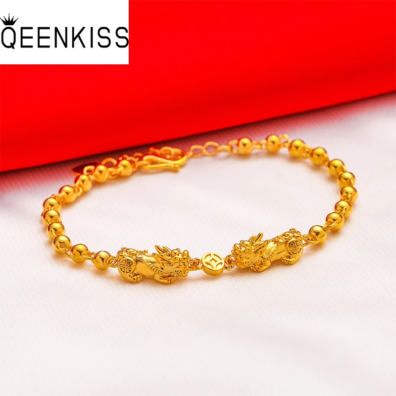 QEENKISS Gold Vintage PIXIU Coin Beads Chain Bracelet For Women Wedding Party Brithday Christmas Bride Mother Girl Gifts BT5161