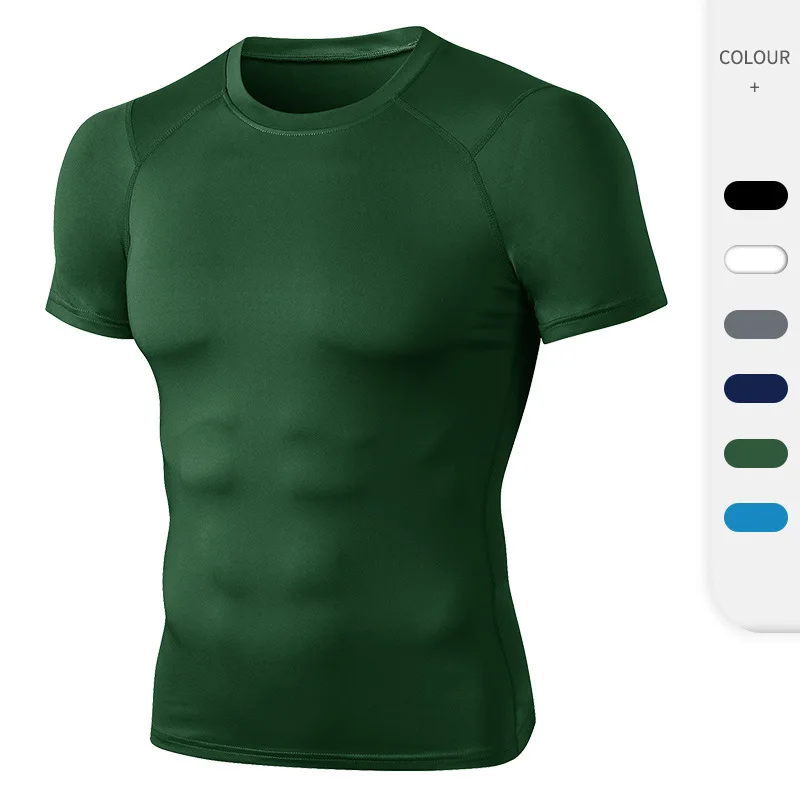 New Men's Fitness Short Sleeve T-Shirt Tight Running Training Sportswear High Elastic Sweat Dissipation Speed Dry Surf Swimsuit