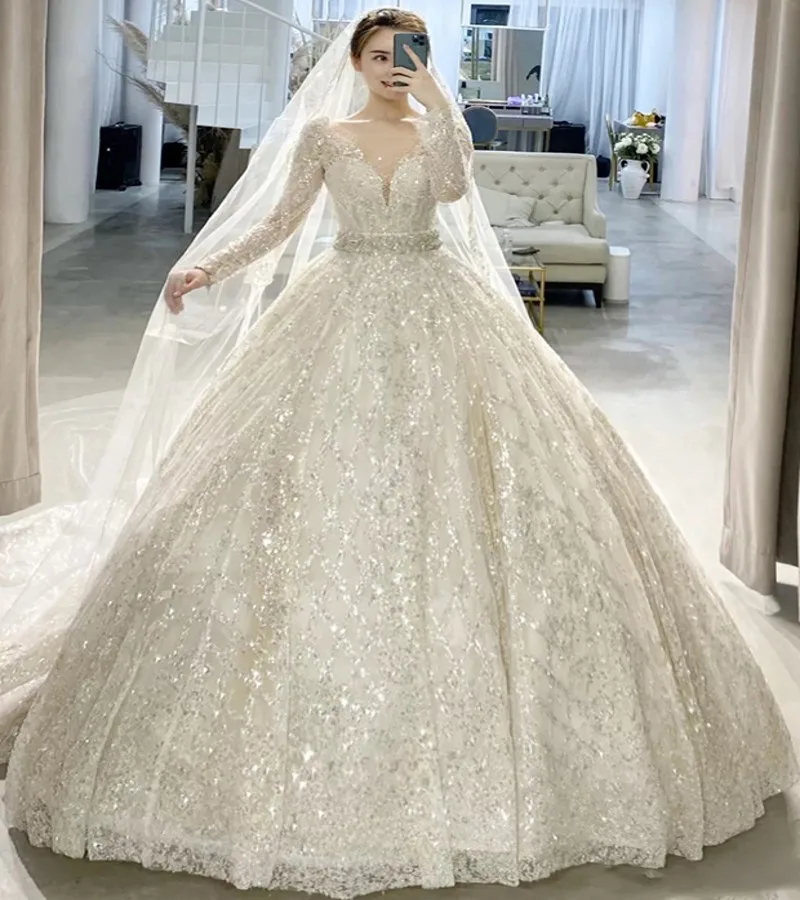 

Luxury Wedding Dresses V Neck Long Sleves Glitter Sequins Beadings Bridal Gown Plus Size 2024 Robe De Mariee Vestidos