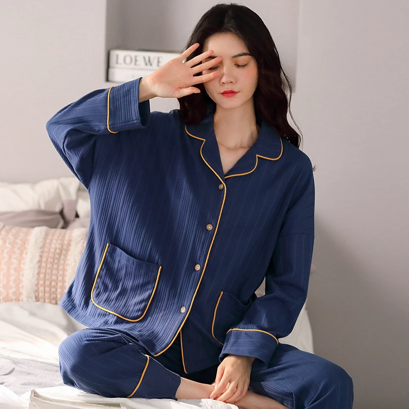 Homewear Fashion Pajamas Simple Elegant Nightgown 2022 Long-sleeve Cardigan Striped Cotton Casual Bathrobe Two-piece