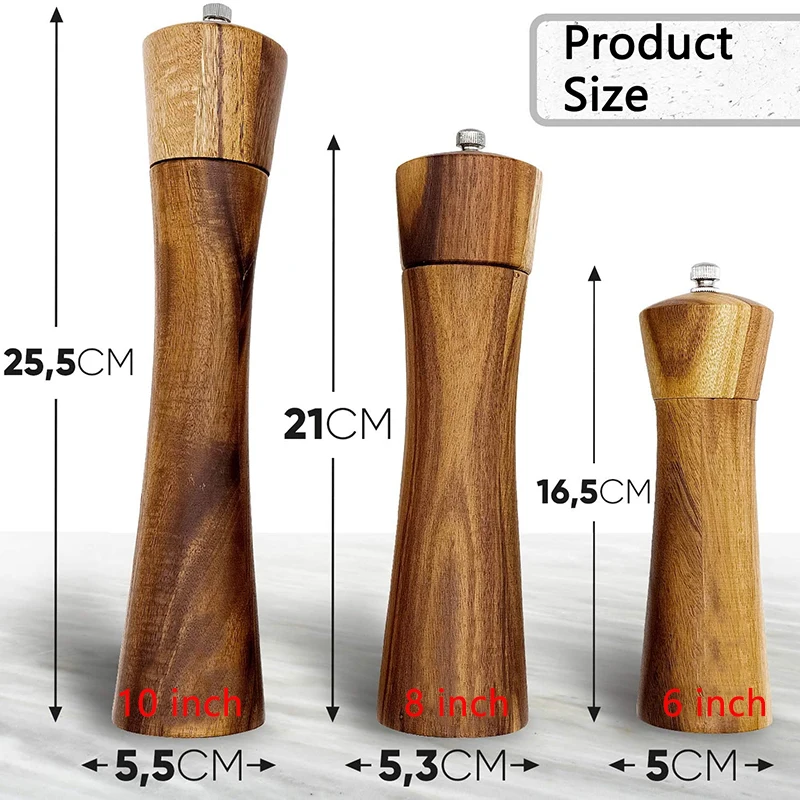 FLYMUYU Salt and Pepper Grinder Acacia Wooden Spice Pepper Mill with Strong Adjustable Ceramic Grinder Kitchen Cooking Tools