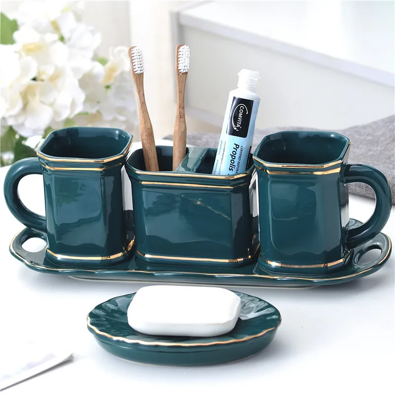 Bathroom Accessories Set Ceramics Soap Dish Toothbrush Holders Soap Dispenser Soap Box Tooth Cup with Try  Home 5pcs/set