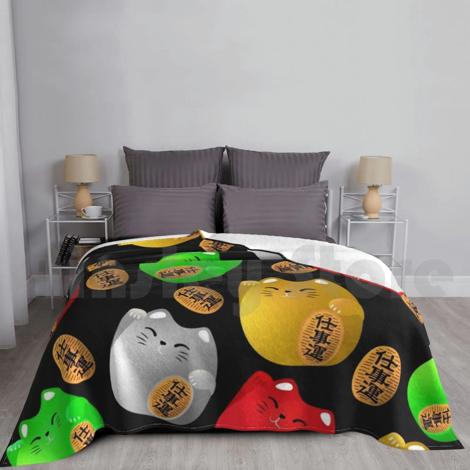 Fun Colorful Maneki-Neko Cats Pattern On Black Blanket For Sofa Bed Travel Maneki Maneki Neko Manekineko