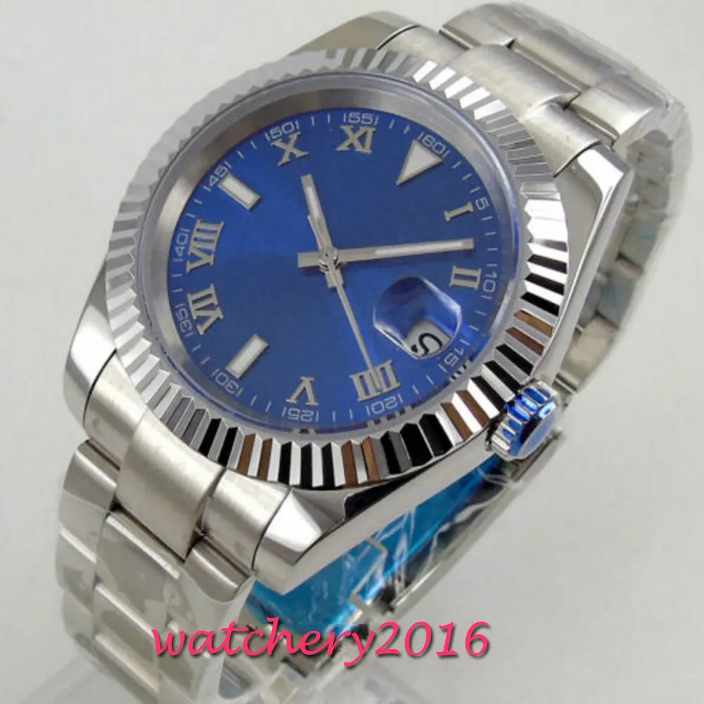 

36mm Bliger Sterile Blue Dial Date Roman Numbers Automatic Mens Watch 21 Jewels MIYOTA 8215 Strap Sapphire Glass