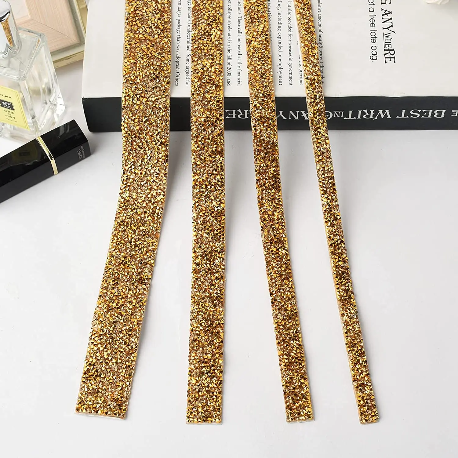 1 Yard Self-Adhesive Gold Crystal Rhinestone Tape Trim Applicator DIY Shoes Dresses Decoration Rhinestones Ribbon Roll Crafts