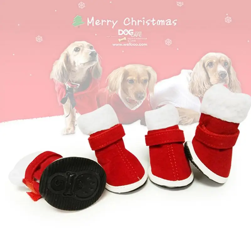 4 Pcs/Sets Santa Dog Shoes For Small Dogs Winter Warm Fleece Puppy Pet Shoes Windproof Dog Snow Boots Chihuahua Yorkie Shoes